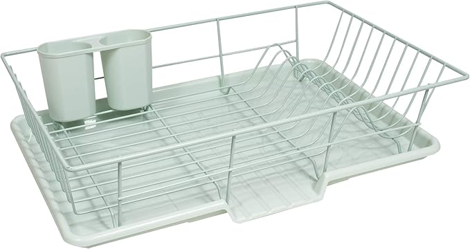 Sweet Home Collection 3 Piece Metal, Plasic Dish Drainer Rack Set with Drying Board and Utensil Holder, 12" x 19" x 5", Mint