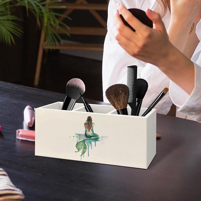 Coastal Beach Mermaid Wooden Utensils Holder, Coastal Kitchen Decor, Watercolor Green Mermaid Wood Cooking Utensil Holder Organizer for Kitchen Countertop Counter Decor