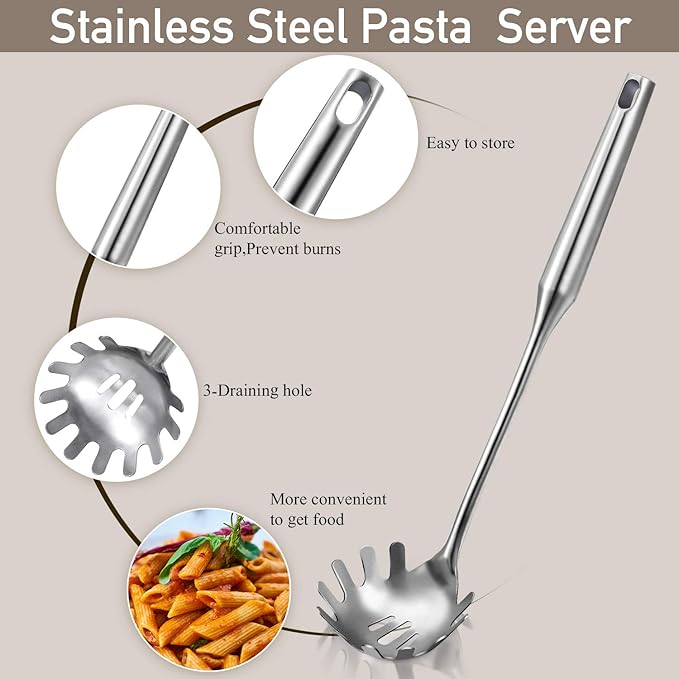 Patelai 2 Pcs Stainless Steel Pasta Spoon with Teeth Large Spaghetti Utensil, 9.4'' Tong and 13.6'' Pasta Fork with Vacuum Handle, Comfortable Grip Design Spoons for Kitchen(Sliver)