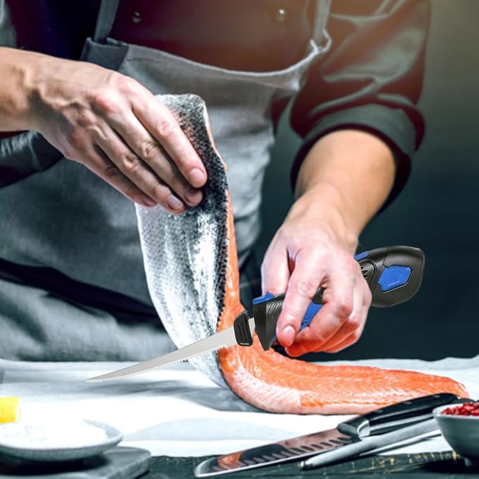 Cordless Electric Fillet Knife - 5 Ti-Nitride Coated Non-Stick Blades, Ergonomic Non-Slip Grip Handle & Cooling Vent Stylish with Carry Bag,Perfect Electric Knife for Cutting Board Effortless Fishing (Blue)