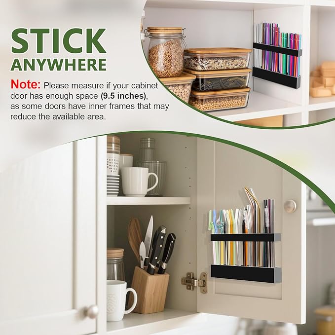 Acrylic Straw Holder for Cabinet Door - Reusable Tumbler Straw Organizer Storage, Small Kitchen Accessories Container, Ultra Sticky Cupboard Door Mounted (Black, Large 9.5" (Most Cabinets))