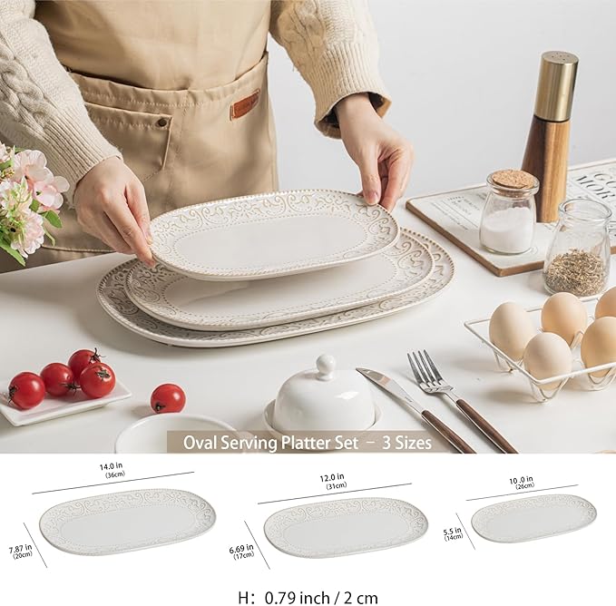 Serving Platters Set, 14"/12"/10" Oval Ceramic Serving Plates, Embossed Serving Trays for Party, Oven Dishwasher Safe, Vintage White Serving Dishes for Entertaining, Appetizers, Pasta, Sushi