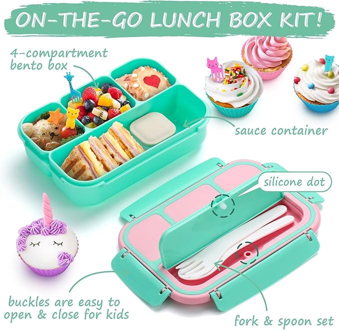 QQKO Bento Box for Kids Adults, School Toddler Lunch Box for Boys Girls, Lunch Box Containers with 4 Compartments, Sauce Container, Utensils, Food Picks and Muffin Cups for School, Pink Green
