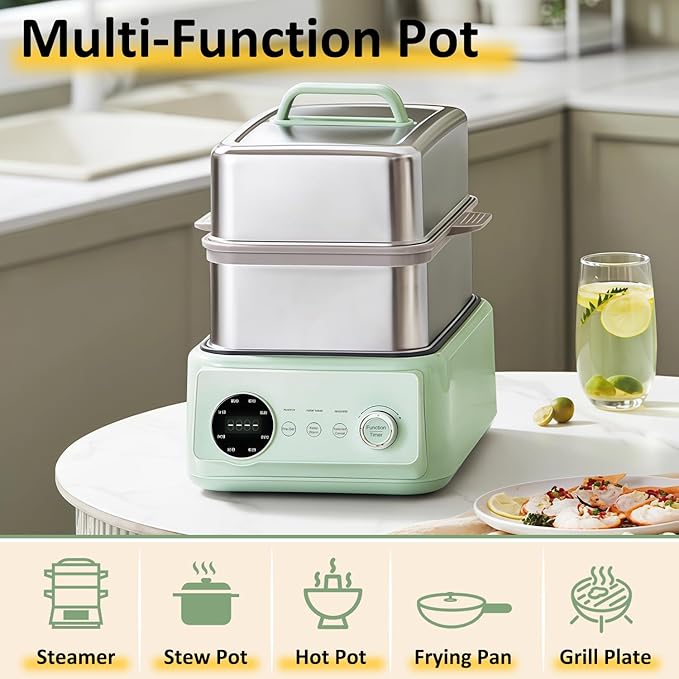 15.9QT Electric Food Steamer, 3 Tier Food Steamer for Cooking, 1200W Stainless Steel Steamer, Large Capacity Hot Pot, 9 Time Settings, for Home, Restaurant, Party (Green)