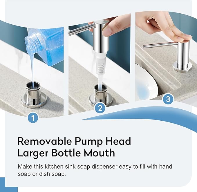 Kitchen Sink Soap Dispenser with 17 OZ Bottle and 40" Extension Tube Kit, Stainless Steel Built-in Soap Dispenser for Kitchen Sink or Countertop, In or Under Sink Installation, Polished Chrome
