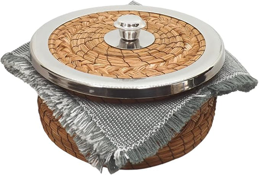 Authentic Mexican Tortilla Warmer Basket - Pine Needle Handwoven with Handloomed Cloth (7" Metal Rim w cloth)