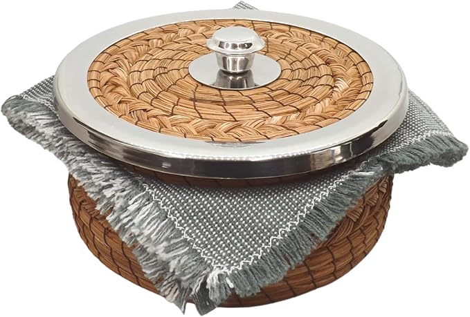 Authentic Mexican Tortilla Warmer Basket - Pine Needle Handwoven with Handloomed Cloth (8" metal Rim w cloth)