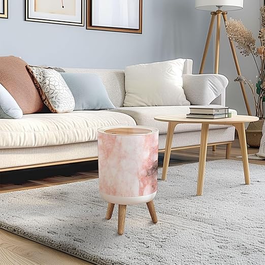 Trash Can with Lid Pink Marble Texture Abstract Marble Texture Press Top Round Small Garbage Bin with Wooden Legs Waste Basket for Kitchen Bedroom Nursery 7L/1.8 Gallon