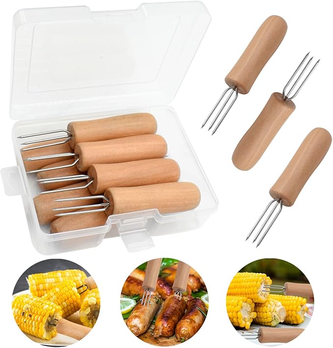 Stainless Steel Corn Holders - 8 Pack with Wooden Handle, Perfect for Grilling, Roasting, and BBQ