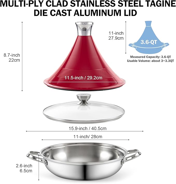 DM Tagine Pot, 11 Inch 3.6 Quart Moroccan Clay Tagine Pot Alternative, Multi-Ply Clad Stainless Steel, Traditional Cooking Pot with Die-Cast Aluminum Red Conical Lid and Stainless Steel Knob