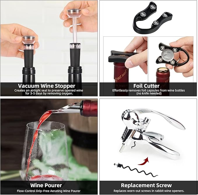 Rabbit Wine Opener Set, Premium 6-Piece Corkscrew Kit with Wooden Gift Box, Includes Foil Cutter, Wine Stopper & Accessories, Easy Cork Removal, Perfect for Wine Lovers (Vintage Silver)