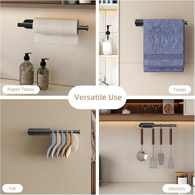 Paper Towel Holder, Improved Premium Paper Towel Holder Under Cabinet, Stainless Steel Paper Towel Holders Rack for Kitchen, Bathroom, Pantry, Fridge, Adhesive or Drilling, Black