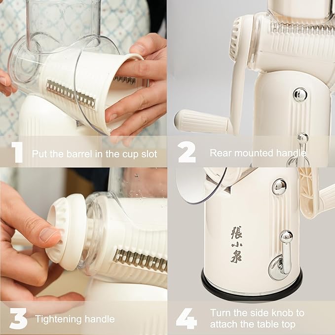 ZHANG XIAO QUAN SINCE 1628 5-in-1 Interchangeable Blades Rotary Cheese Grater Hand Crank, Cheese Shredder Mandoline Vegetable Julienne Slicer Cutter Nut Chopper with Anti-Slip Base, Cream