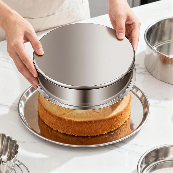 Ohtomber 8 Inch Cake Pan - Set of 4 Stainless Steel Round Layer Cake Baking Pans Molds, Tins, Stackable Baking Set, Even Heating, Dishwasher Safe Non-Toxic Bakeware Dish for Birthday Wedding Christmas