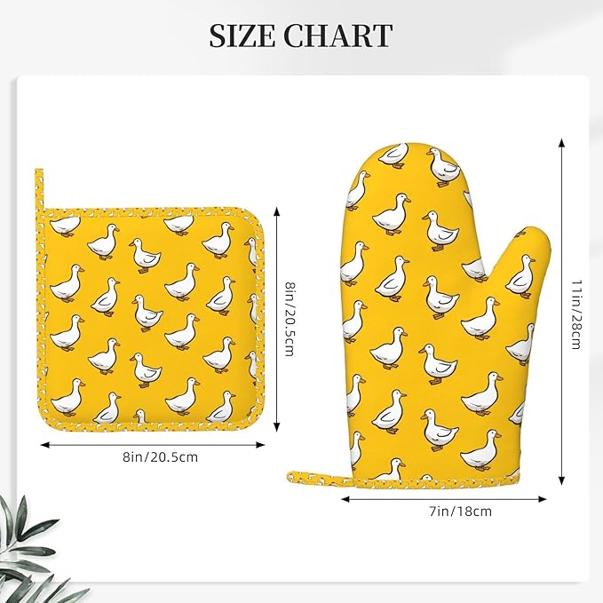 Oven Mitts and Pot Holders Set, Yellow Duck Pattern Silicone Kitchen Accessories 4 Piece Heat Resistant Long Gloves Potholder Non-Slip Grip for Chef Cooking Baking Grilling BBQ