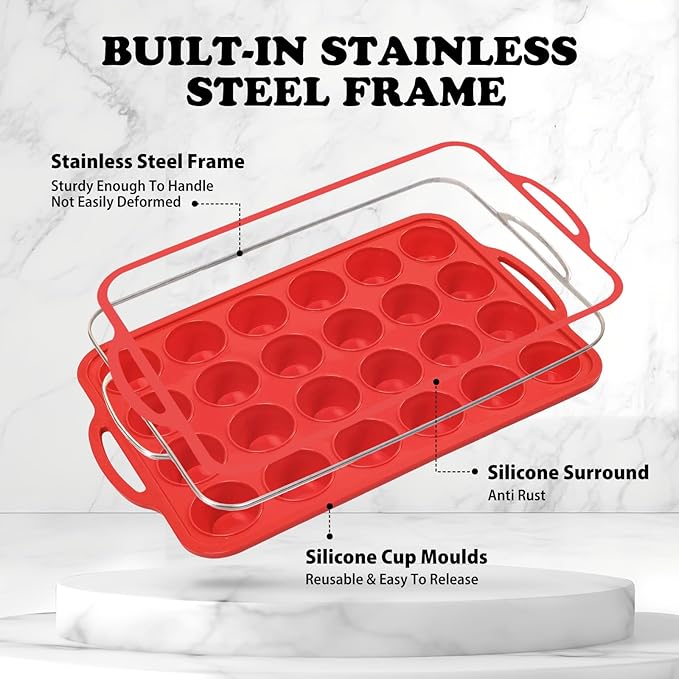 2 Pack Mini Silicone Muffin Pan with Metal Frame, Non-stick Regular Silicone Cupcake Pan with Handles 24 Cup, Silicon Muffin Tin Tray for baking, egg bites, Cupcake Mold, BPA Free Red