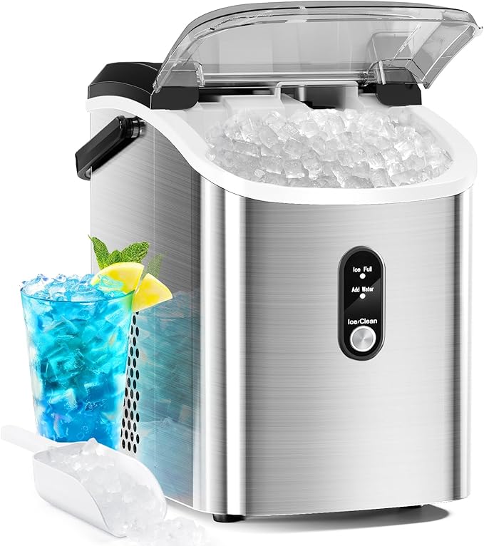 Antarctic Star Nugget Countertop Ice Maker with Soft Chewable Ice, 34Lbs/24H, Pebble Portable Ice Machine with Ice Scoop, Self-Cleaning, One Button Operation, for Kitchen,Office Stainless Steel Silver