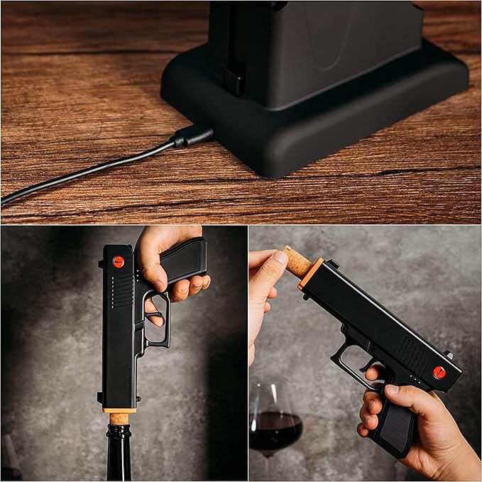Electric Gun Wine Corkscrew Bottle Opener - Rechargeable Holster Base Cordless Battery - Automatically Open Wines Multifunctional Electronic Cork Puller - Guns Enthusiasts Gift & Vino Lovers (Black)