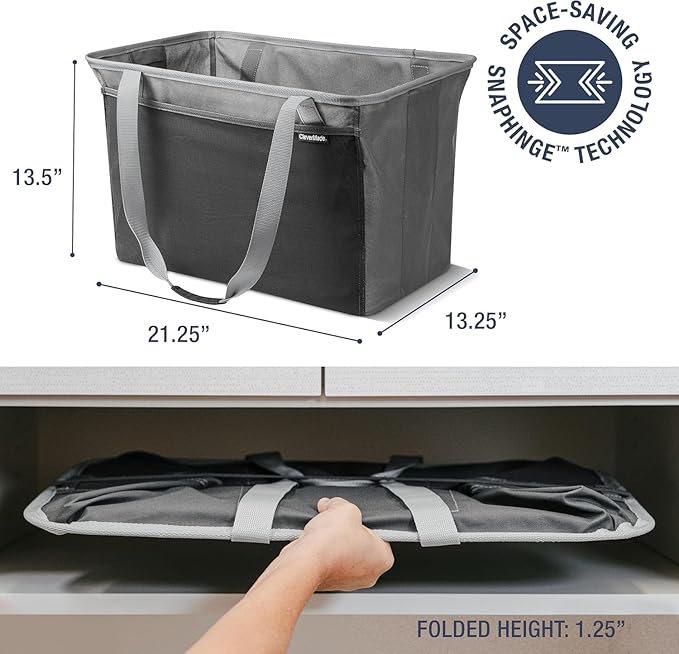 CleverMade Collapsible Tote Basket MAX (64L) – Extra Large Foldable Carry-All Storage Bin with Front Pocket, 60 lb Capacity Laundry Basket for Home, Dorm, RV & Trunk Organization