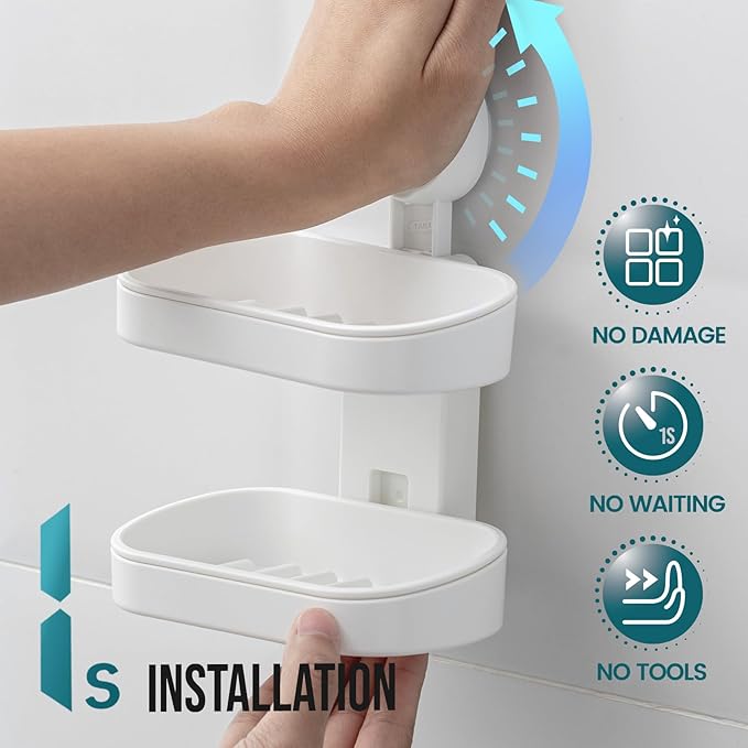 TAILI Double Layer Soap Dish & 2 Pack Suction Corner Shower Caddy, Bathroom Shelf Storage Basket Wall Mounted Organizer for Shampoo, Conditioner, Tub and Kitchen Sink, Drill-Free, Removable