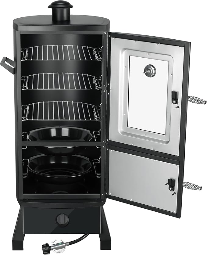 Propane Smoker with Cover, Vertical Meat Gas Smoker Grill Outdoor Heavy Duty 3 Removable Smoking Racks, Black