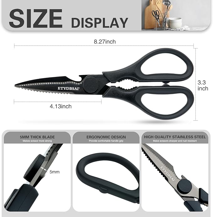 All Purpose Kitchen Scissors for Food, Heavy Duty Kitchen Shears that Come Apart Dishwasher Safe, Sharp Durable Stainless Steel Scissors for Meat, Soft Grip Comfort Handle,Titanium Plated Black