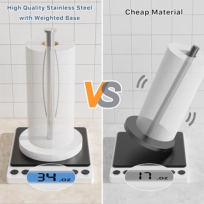 ZUNTO Paper Towel Holder Countertop, Freestanding Paper Towel Holder with Non-Slip Weighted Base for One-Hand Tear, Paper Towel Roll Holder for Kitchen Bathroom, White Marble Base