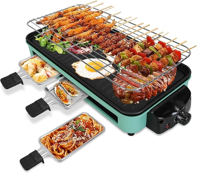 KOCASO 2-IN-1 Indoor Electric Grill, 2000W Electric Indoor Grill & Raclette, 5 Temp Control 176°F-392°F, Removable Non-Stick Plates & 3 Cheese Trays, Dishwasher Safe, for Family Party BBQ