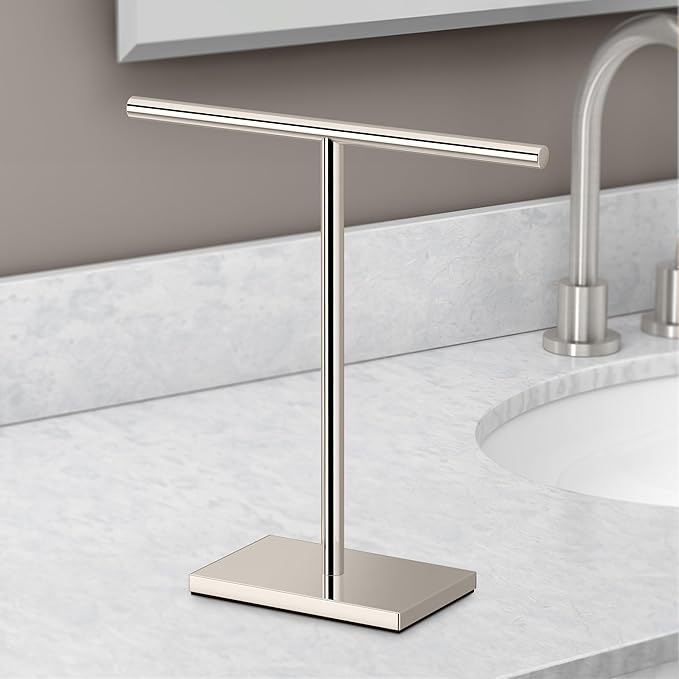 Gatco 1444PN, Modern Rectangle Base Freestanding Countertop Towel Holder, Polished Nickel / 10.50" W x 11.13" H T-Shape Style Countertop Hand Towel Holder for Bathroom, Kitchen/Fingertip Towel Rack