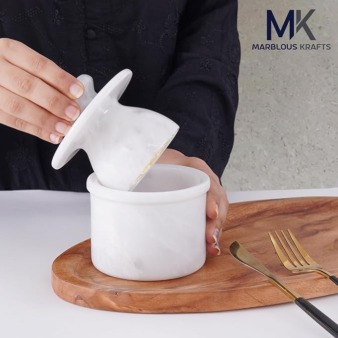 Butter Keeper 4.25 Inches White Handmade Marble Covered Butter Dish with Lid for Countertop, French Butter Crock for Soft Butter Spreader, Perfect Mother’s Day Gift, Kitchen Storage