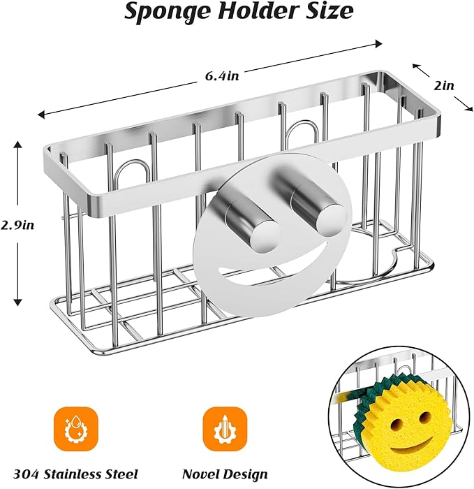 Sponge Holder Smiley Face,Sink Caddy for kitchen Sink,Sponge Holder with 2 PCS Suction Cups/1 PCS Adhesive Strips,Designed for Sponge,Soap,Dish brush,Scrubber-Silver