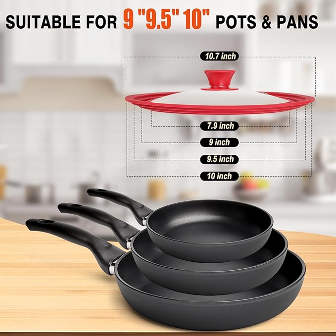 Universal Lids for Pots, Pans and Skillets, Replacement Pan Lid with Tempered Glass and Heat-Resistant Silicone Edge, Fits 9", 9.5",10" Cookware, Durable Frying Pan Cover