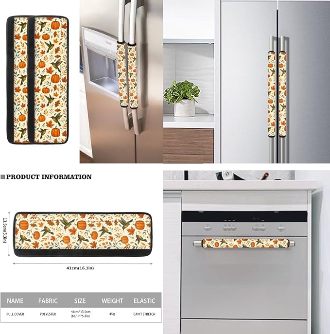 Thanksgiving Day Decor Refrigerator Door Handle Covers Set of 6, Non Slip Kitchen Appliance Decoration Fridge Dishwashers Microwave Door Handle Gloves Pumpkins Hummingbird Print