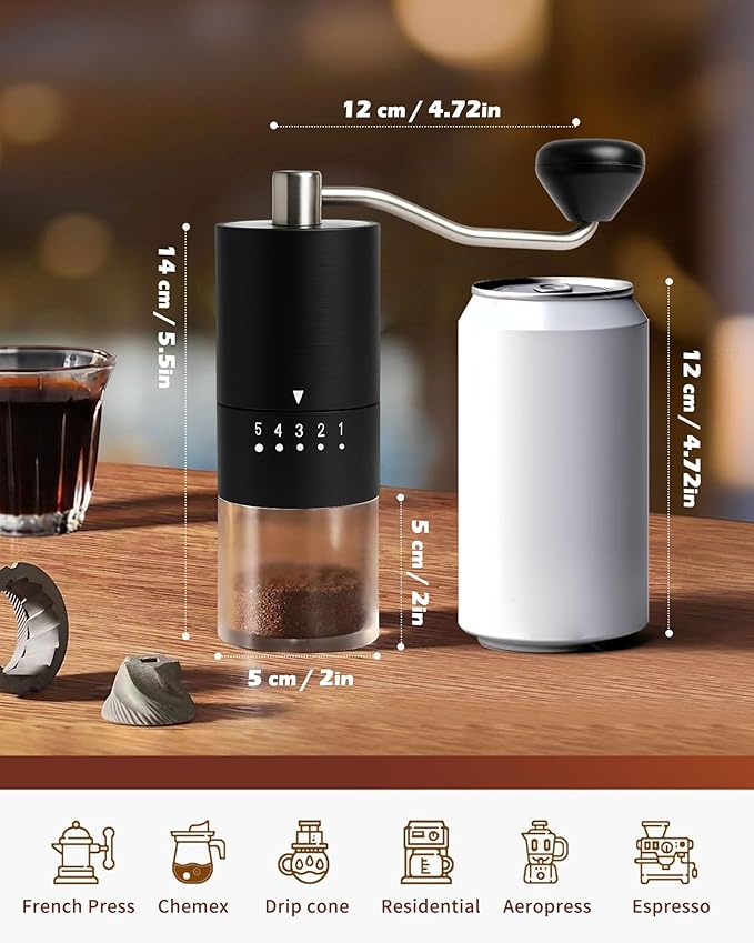 Stainless Steel Burr Manual Coffee Grinder For Drip,French Press,5 Adjustable Settings,Hand Maker with Built-In Burr,For Home Use and Camping (Stainless Steel burr-Black)
