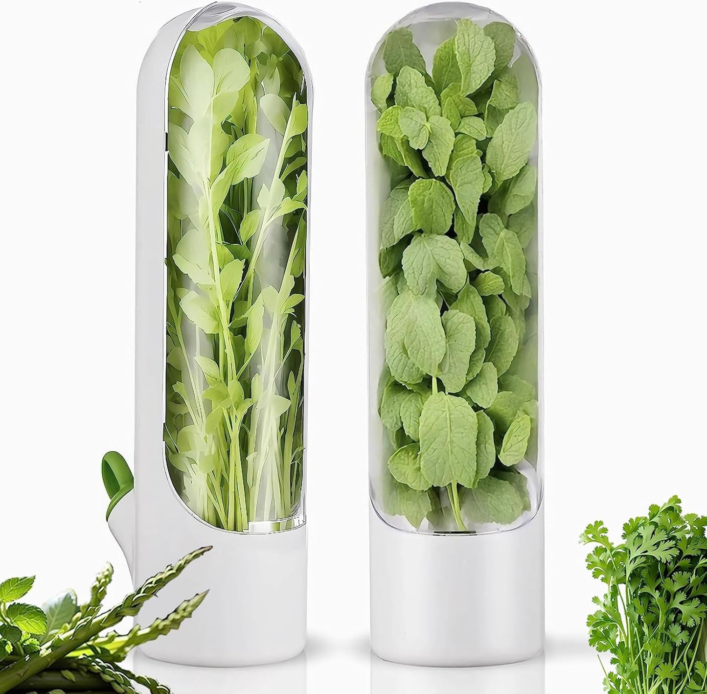 Herb Saver for Refrigerator, Herb Saver Pod Cilantro Containers for Refrigerator, Fresh Herb Keeper for Cilantro, Parsley, Asparagus, Mint, Keeps Vegetables for 2-3 Weeks (2PCS)