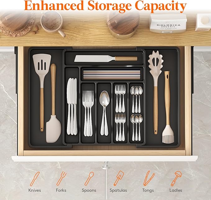 Lifewit Utensil Organizer for Kitchen Drawers, Expandable Cooking Utensil Tray, Adjustable Cutlery Silverware Flatware Holder, Plastic Spatula Tools and Gadgets Storage Divider
