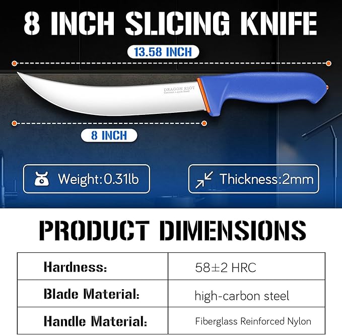 DRAGON RIOT Premium Butcher Breaking Knife 8 Inch, Curved Caving and Slicing Knife in High Carbon Stainless Steel,Razor Sharp Birsket Knives,Cimeter Breaking Blade for Meat Cutting,Ideal Gift for Men