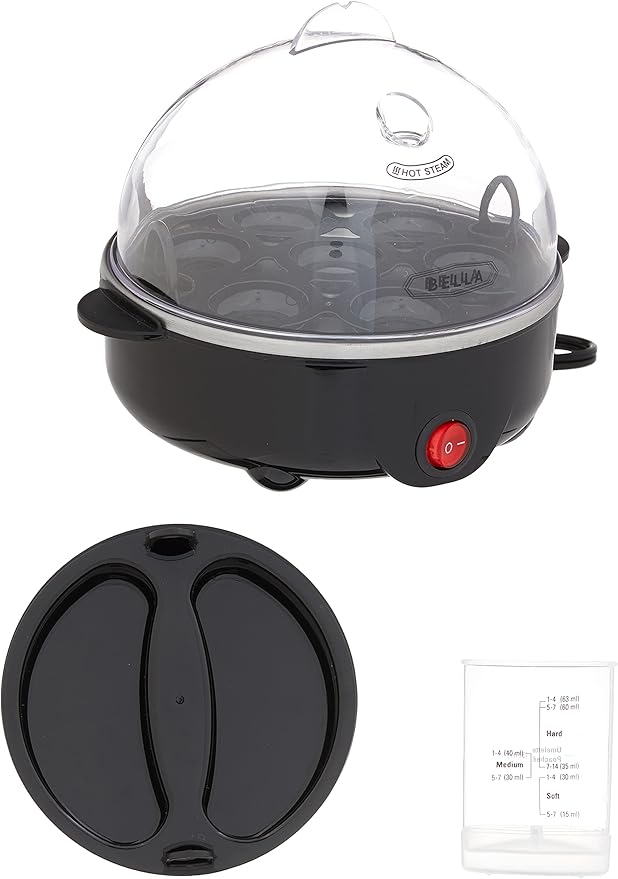 BELLA Egg Cooker, Rapid Boiler & Poacher, Meal Prep Essential, Family Sized Meals: Make Up To 7 Large Boiled Eggs, Dishwasher Safe Lid with Cool-Touch Handles, Poaching Tray Included, Black
