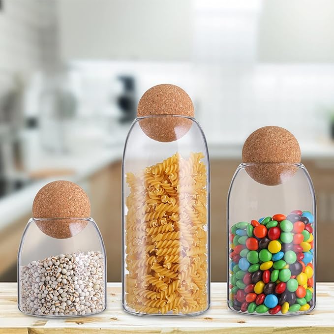 Suwimut 3 Pack Glass Storage Jar with Ball Cork Lid, Clear Glass Canisters with Cork Ball, Cute Decorative Round Glass Bottles with Airtight Wooden Lid for Spice, Sugar, Salt, Tea, Nuts, Coffee Beans