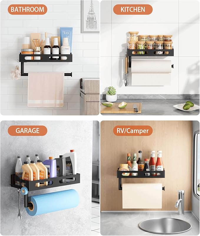 Paper Towel Holder Wall Mount for Kitchen, One-Handed Tear, Bathroom Paper Towel Holder with Shelf, RV Paper Towel Rack Wall Mount Paper Roll Holder with 4 Hooks, Matte Black