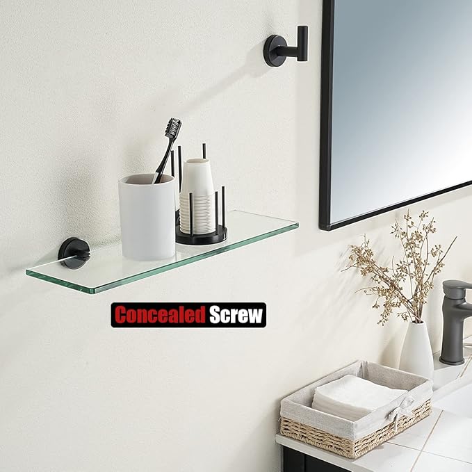 JQK Bathroom Glass Shelf Black, Tempered Glass Shower Storage 16 by 5 inches, 304 Stainless Steel Matte Black Wall Mount, TGS101L16-PB