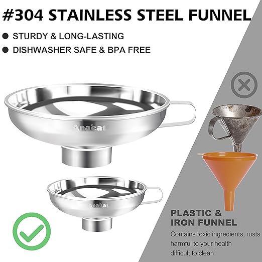Anaeat Stainless Steel Canning Funnel with Handle for Wide and Regular Jars & Canning Jars, Wide-Mouth Funnels Excellent for Transferring Liquid and Dry Ingredients, Large Solids, Oil, Beans & Jams