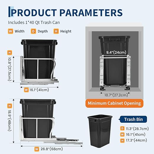 10 Gal Pull Out Trash Can Under Cabinet, Heavy Duty Under Sink Garbage Can Kit with Soft-Close Slides | Slide Out Waste Bin for Kitchen, Laundry | Requires Minimum Cabinet Opening 12" W x 18" D