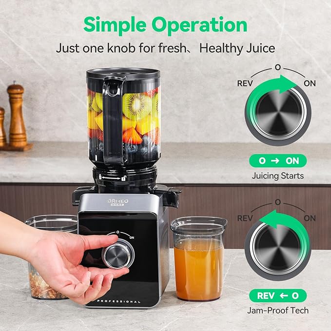 Cold Press Juicer, ORMEO HOME Masticating Juicer Machines with 5.5" Large Feed Chute Fit Whole Vegetables & Fruits, with Pulp Seperation 99.6% Juice Purity, Quiet Motor Easy to Clean BPA Free