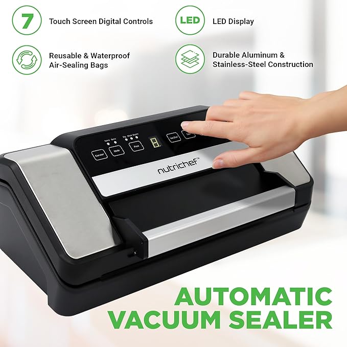 NutriChef Vacuum Sealer for Food with Easy Lock Handle, Countertop Vacuum Sealer Machine for Dry, Moist, Liquid Items, Works with Reusable Vacuum Seal Bags and Rolls, Preserves Freshness