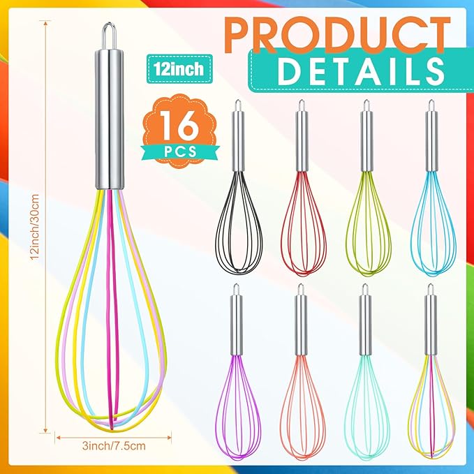 Domensi 16 Pcs 12 Inch Whisks Bulk for Cooking Silicone Whisks Non Scratch Stainless Steel Hand Coated Metal Heat Resistant Egg Beaters for Classroom Cook Party Favor Gift Supplies