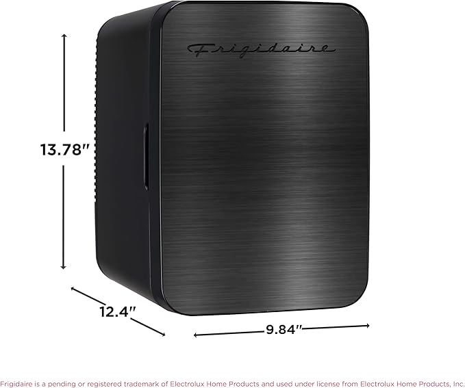 Frigidaire Mini Personal Fridge Cooler, Countertop, Holds Up to 10L/15 Cans, Brushed Black Stainless Rugged Design, Portable for Skincare, Makeup, Car, Office, Bedroom, Dorm Room, or Cabin