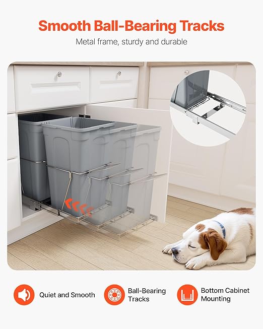 VEVOR Pullout Trash Can for Kitchen Cabinets, 27QTx2 Double Under Sink Garbage Waste Recycling Bin, Under Mount Waste Container, with Heavy Duty Metal Full Extension Sliding System and Handle Grey