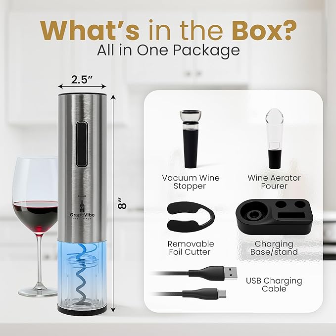 GrapeVibeEssentials 5-in-1 Electric Wine Opener gift Set – Rechargeable Automatic Wine Bottle Opener with Charging Base, Foil Cutter, Aerator Pourer & Vacuum Stoppers