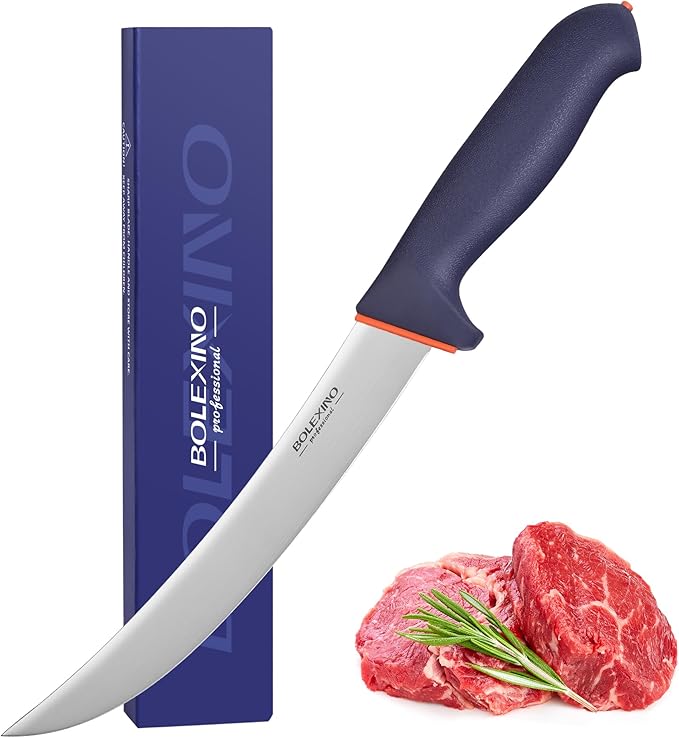 8 Inch Curved Breaking Knife for Meat Cutting - Non-Slip Softgrip Handle with Ultra Sharp Blade, Multi-Purpose Butcher Knife for Steak, Ribs, X50CrMoV15 Stainless Steel